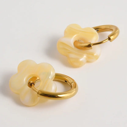 Colorful Flower Glass Drop Charms Earring Gold Color Circle Ear Buckle Hoops Stainless Steel Earrings Fashion Jewelry for Women