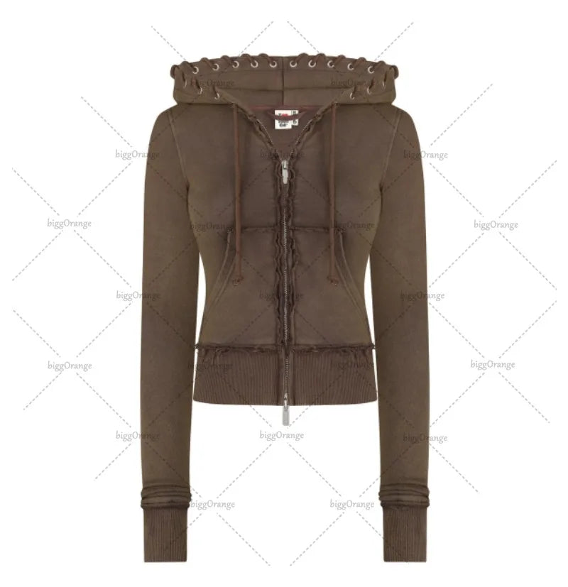 2025 Hip-hop Street Fashion Sports Suit New Letter Embroidery Brown Zipper Hoodie Casual American Loose Straight Pants Women.