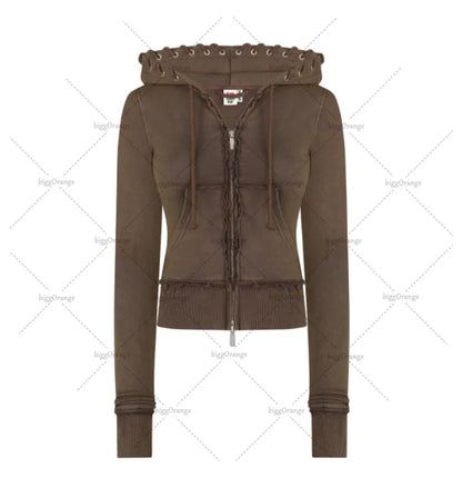 2025 Hip-hop Street Fashion Sports Suit New Letter Embroidery Brown Zipper Hoodie Casual American Loose Straight Pants Women.