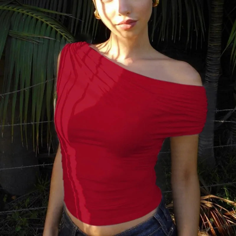 Talenza Sexy One Shoulder Tops Womens Summer Fashion Hot Girls Backless Pleated Slim T-Shirt Casual Office Lady Party Tops Women.