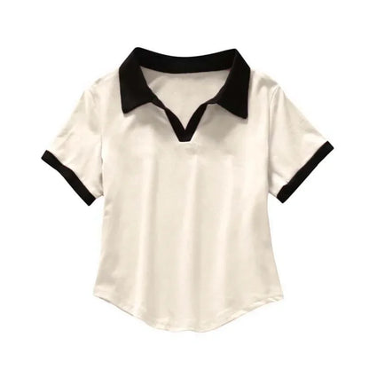 Summer Short Sleeve V-Neck Polo Shirt Women's Short Style Cotton Lycra Ribbed Top Bright Color Block 220g 40 Denier.