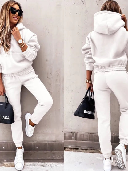 Autumn Winter New Solid Color Long Sleeve Hoodie Women's Casual Suit Fashion Loose Sports Hoodie + Small Foot Pants 2 Piece Set
