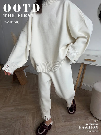 Bornladies Autumn Winter Women's New Turtleneck Knit Sweater Skinny Knit Pants Set Soft Oversized Ripped Hem Fashion Pullover.