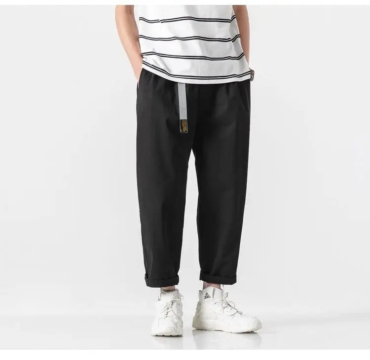 100% Cotton Casual Summer Pants With Belt Men Straight Baggy Ankle-Length Cargo Trousers Wide Leg Sweatpants Male Streetwear.