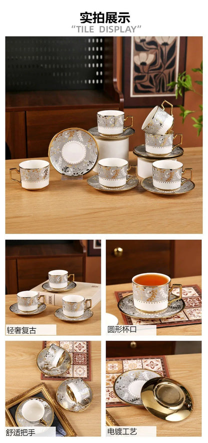 French light luxury retro ceramic coffee cup and saucer set, household tableware, six cups and six saucers, gifts.