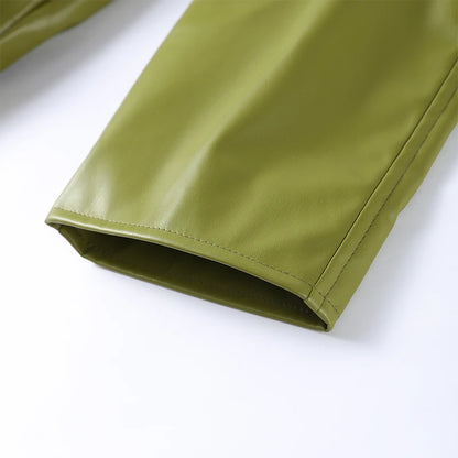 Stylish Leather Solid Jacket Pants Set Women Stand Collar Zipper Coat Loose Trousers Sets Female 2025 Autumn Fashion Streetwears.