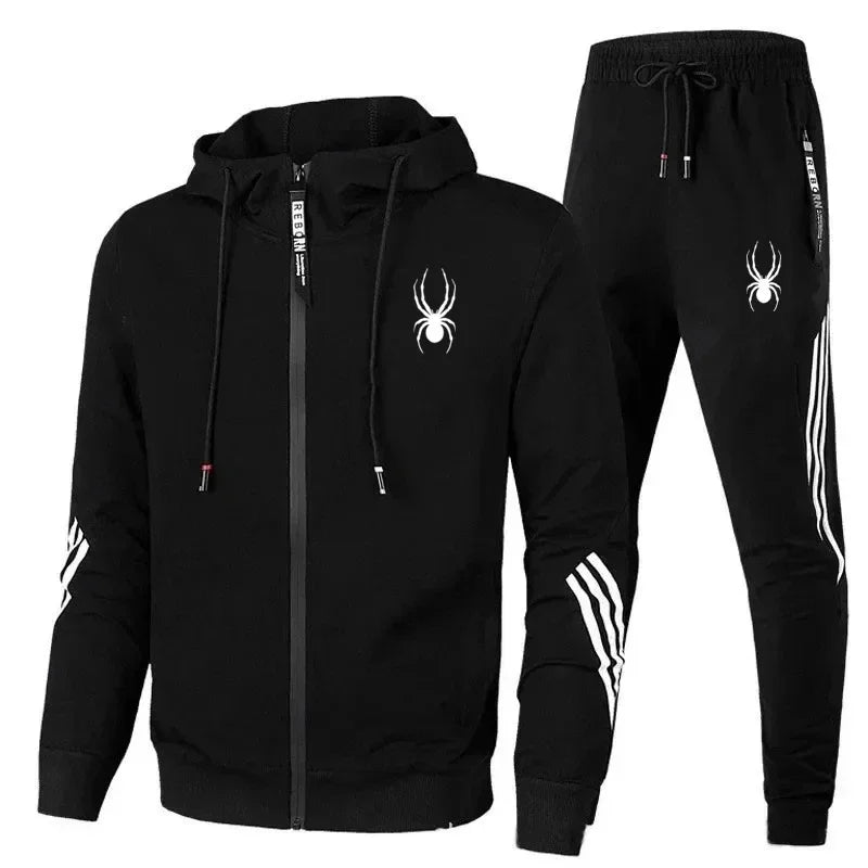 New spring and autumn men's casual sports set, outdoor jogging fashionable men's zipper jacket + skinny pants two-piece set.