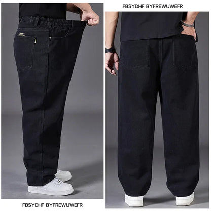 Plus Size Jeans Men's Autumn Loose-Fit Straight-Leg Casual Denim Pants Elastic Waist Wide-Leg Design For Plus Size Men