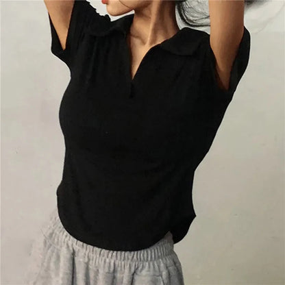 Summer Short Sleeve Lapel Top Women'S Solid V-Neck Pullovers Retro Sweet Shirts Hot Girl Crop Top Female Slim Versatile Tee.