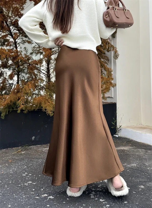 High Waist Women's Fleece-Lined Thickened Elegant Long Skirt Satin Mermaid Skirt Elegant Drapey Bodycon Skirt For Autumn Winter