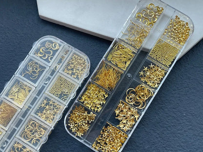 12Grids Moon Star Nails Gold Metallic Nail Sequins Charms 3D Nail Art Tips Decoration  3D Metal Moon Star Sun Bead Rivet Nail Je.