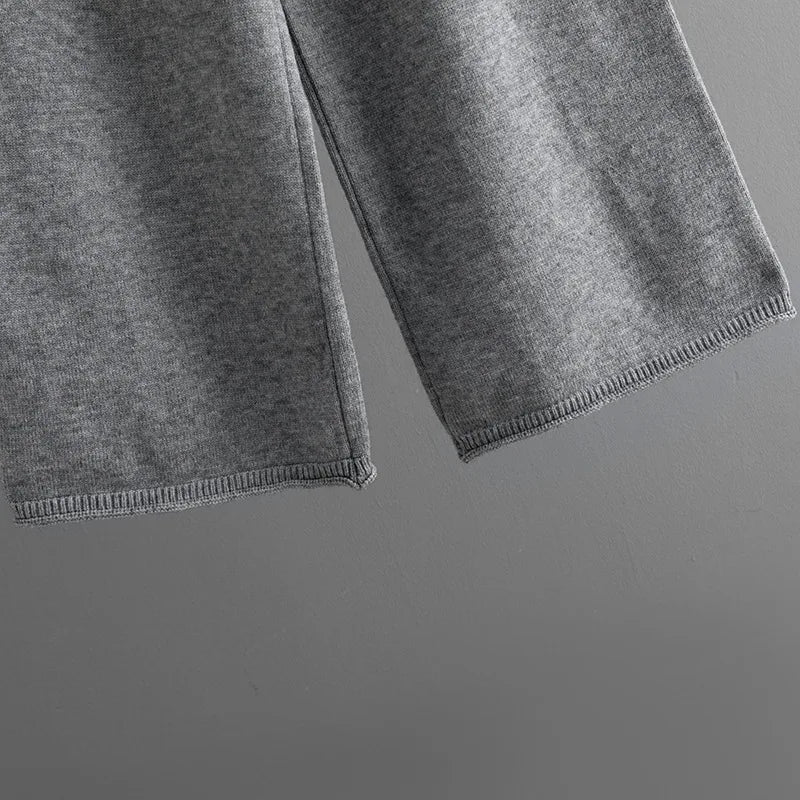 Autumn Winter New Fashion Women’s Solid Color Casual Trendy Loose 2 Piece Sets V-neck Long Sleeve T-shirts Wide Leg Trousers