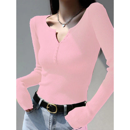 2026 weibliche Casual Tops Pullover Warme V-ausschnitt Frauen Herbst Winter Gestrickte Dünne Pullover Feste Taste Volle Hülse Pullover.