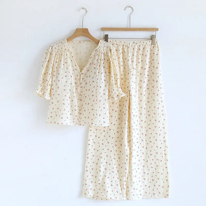 Damen Pyjama Nachtwäsche Baumwolle Nachtwäsche für Frau Sommer mit Brust polstern zweiteilige Blumen Pyjama-Sets Geschenk weiblich.