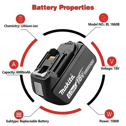100% Original Makita 18V 6.0Ah battery, for Makita BL1830， BL1830B， BL1840 ，BL1840B ，BL1850 BL1860B power tools battery.