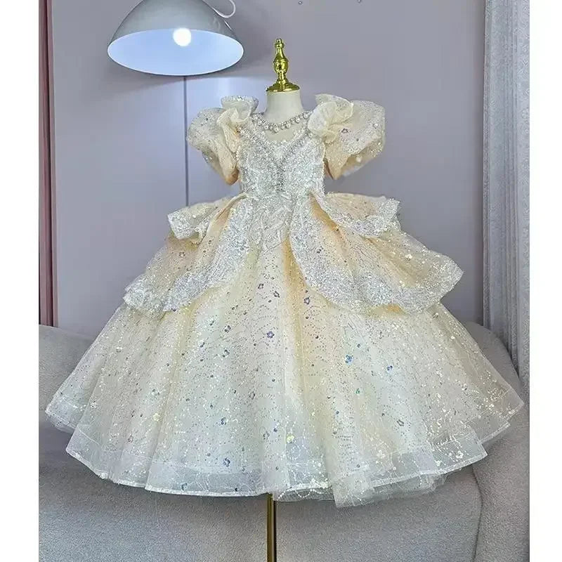 2025, Kinderkleid, Performance-Outfit, Mädchen, Blumen-Pailletten, geschwollenes Kleid, rote Partykleidung, Kinder, Mädchen, Geburtstag, Prinzessinnenkleider, glitzernd.