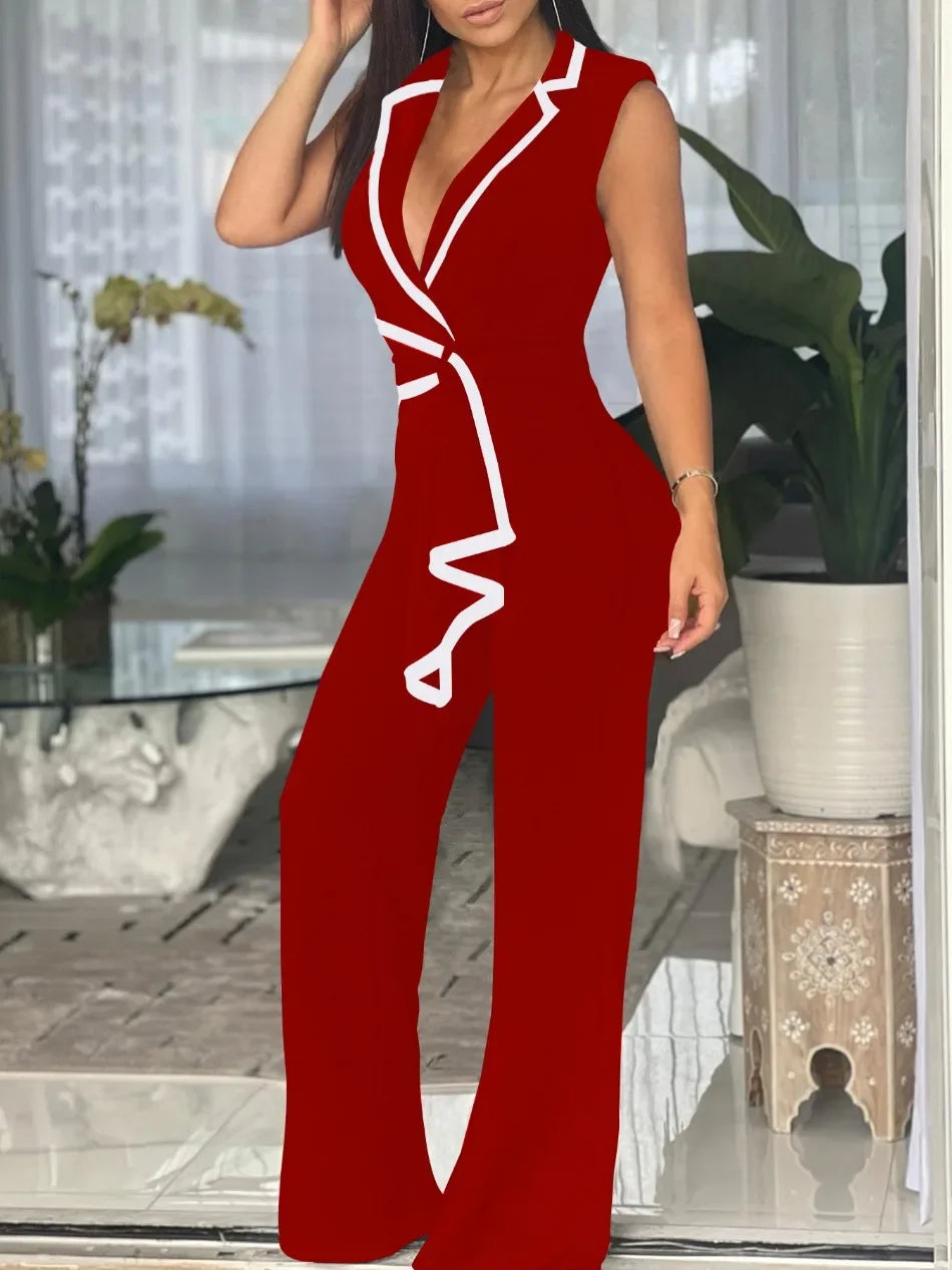 Women's Overalls Outfits Full Length New Fashion 2025 Summer V Neck Elegant Sleeveless Office Lady Jumpsuit Wide Leg Pants.