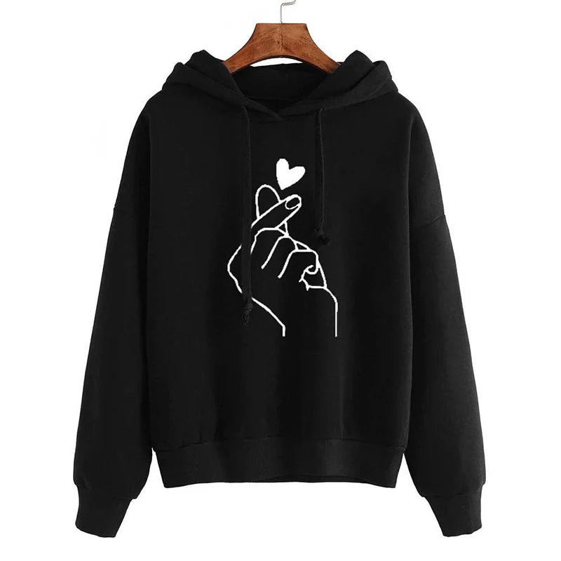 Herbst Fleece Hoodie Einfarbig Finger Herz Mit Kapuze Koreanische Mode Sweatshirts Langarm Top Kordelzug Taschen Lose Hoodies.