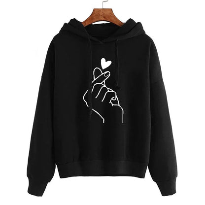 Herbst Fleece Hoodie Einfarbig Finger Herz Mit Kapuze Koreanische Mode Sweatshirts Langarm Top Kordelzug Taschen Lose Hoodies.