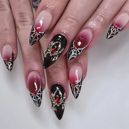 24pcs Sliver Spider Design Fake Nail Halloween Gothic Punk False Nail Tips Wearable European Heavy Metal Almond Press on Nails