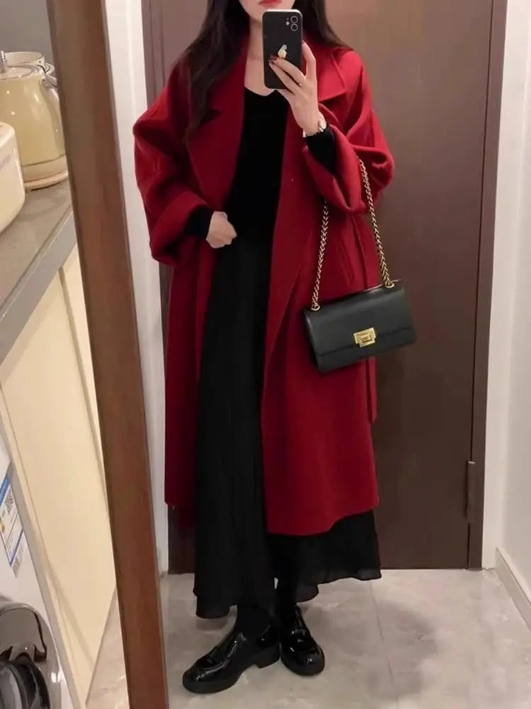 Mode Schwarz Lange Woolen Mantel Mit Gürtel Frauen Lose Revers Mantel Herbst Winter Warme Dame Oberbekleidung High Street.