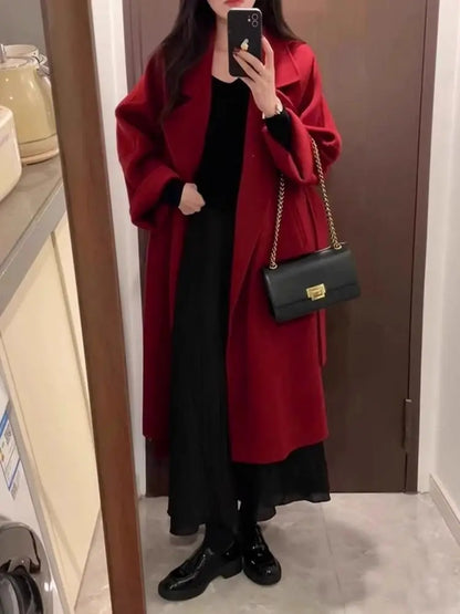 Mode Schwarz Lange Woolen Mantel Mit Gürtel Frauen Lose Revers Mantel Herbst Winter Warme Dame Oberbekleidung High Street.