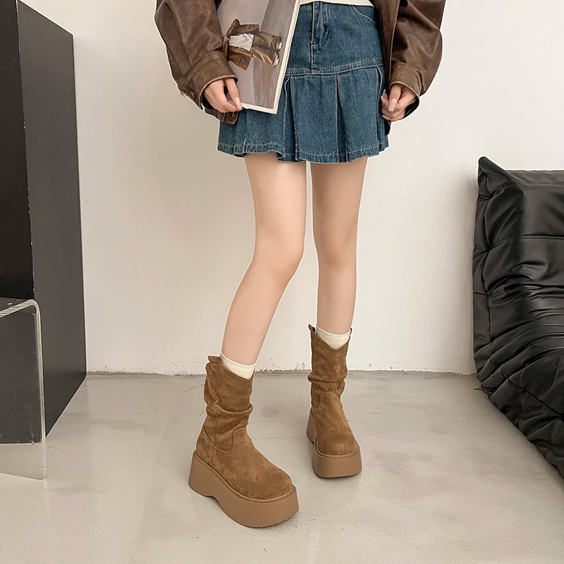 Chunky Platform Thick Sole Woman Ankle Boots Design Round Toe Slip On Shoes  2025 Autumn Winter Short Botas Para Mujer.