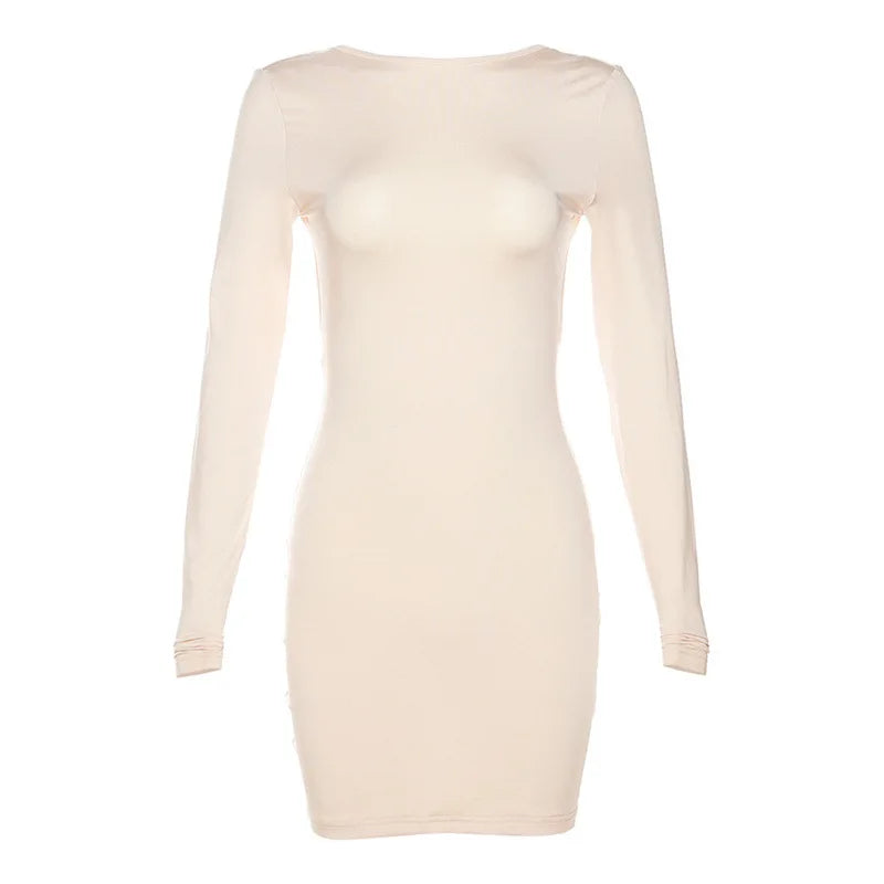 Zahlung Casual Mini Kleid Frauen Prägnante Klassische Backless Volle Hülse O-ansatz Grundlegende Weibliche Bodycon Straße Kleidung