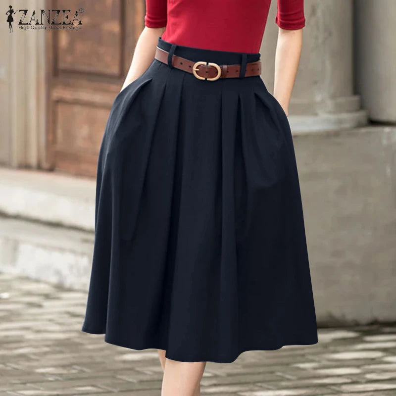 ZANZEA Summer Solid Midi Skirt Elegant Women High Waist Work OL Skirts Fashion A-line Jupes Stylish Party Faldas Saia  Plus Size.