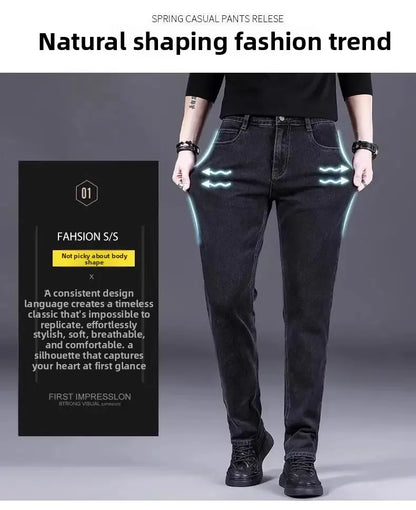 High-End Men's Fleece-Lined Thick Stretchy Straight Leg Jeans 2025 New Style Loose Fit Smoke Grey Trousers for Men.