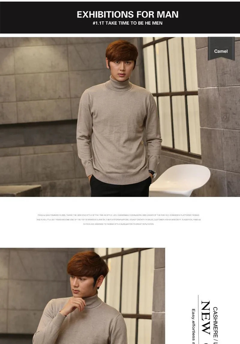 Cashmere Wool Solid Autumn Winter Men's Warm Turtleneck Knit Loose Long Sleeve Sweater Casual Comfortable Pullover Thick Sweater