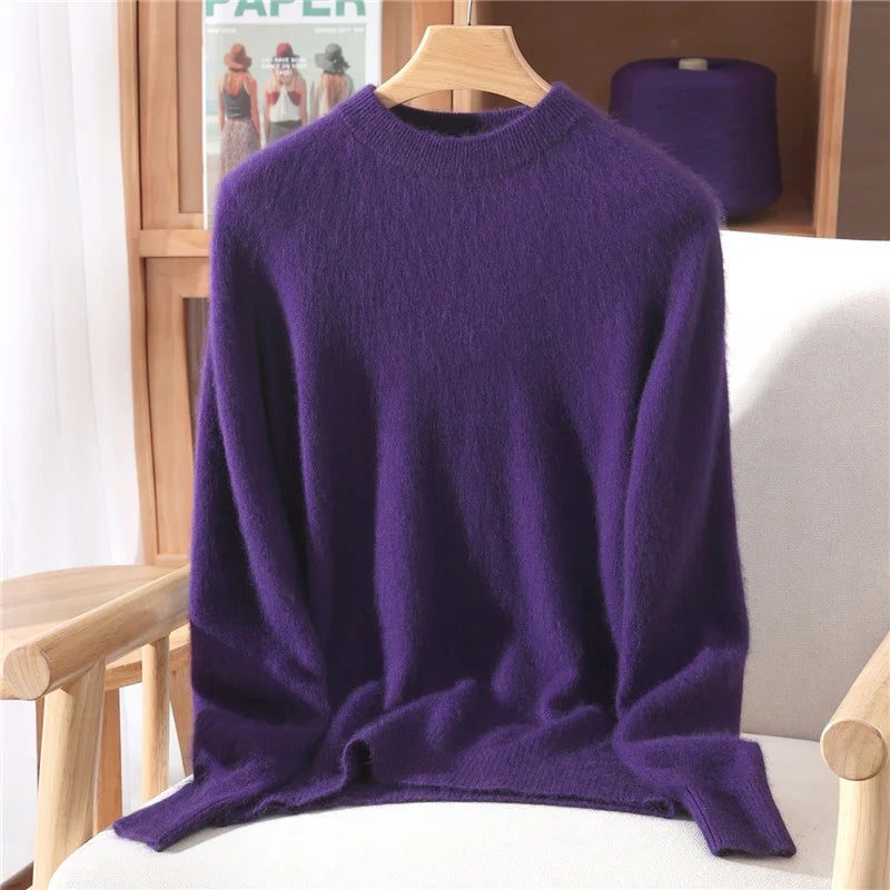 Women's Round-neck Mink Cashmere Sweater Soft Pullover Jumper Comfortable Knitted Top for Autumn Winter Pure Mink Material.
