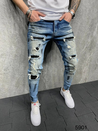 Slim-Fit-Jeans mit zerrissener Knöchelhose für Herren, bemalte Jeans.