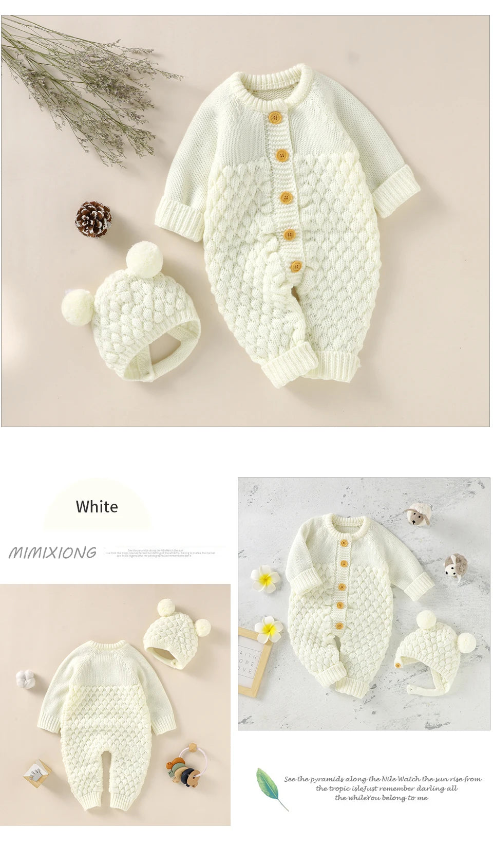 Autumn Baby Rompers Solid Long Sleeve Knitted Newborn Boys Girls Winter Outwear Jumpsuits Hats Clothes Sets 0-18m Infant Outfits