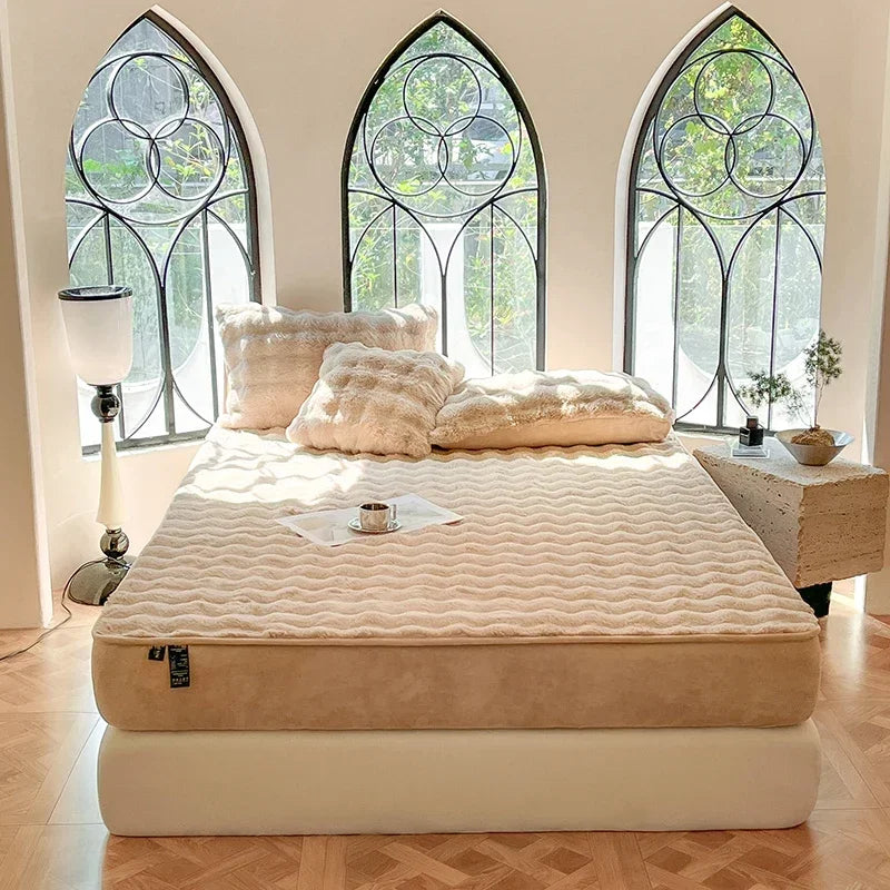 Fluffy Plush Fitted Bed Sheet Solid Color Long Hair Fleece Bed Cover For Double Bed fundas de colchón Winter Warm Mattress Cover