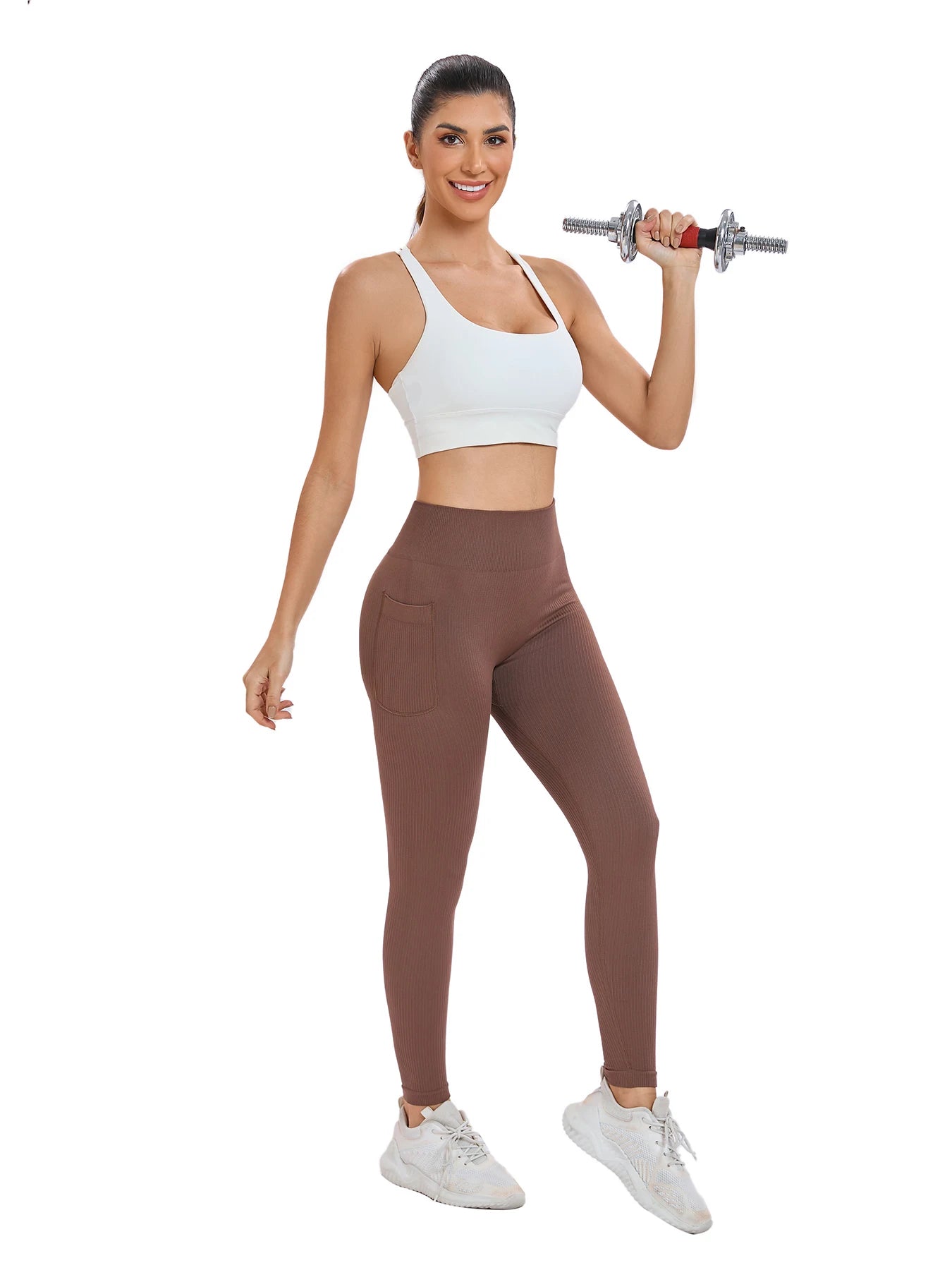 Women's solid color threaded sports leggings seamless cross-border yoga pants high-waisted fitness pants Yoga wear with pocket.