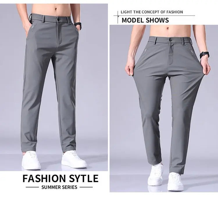 Ultra-thin Elastic Men's Casual Trousers Summer Quick-drying Ice Silk Slim Straight Business Solid Color Trousers Black Gray.