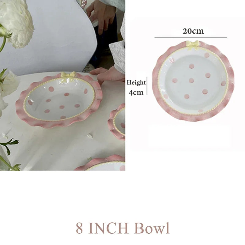 Cartoon Pink Ceramic Dinner Plate with Bow Knot, Household Dish, High Temperature Resistant, Deep Dish, Kitchen Tableware Set.