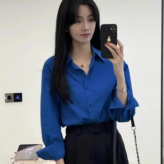 Vintage Blue Long Sleeve Shirts Women Spring Autumn 2025 Chic Single Breasted Blouses Woman Loose Turn Down Collar Shirts Ladies.