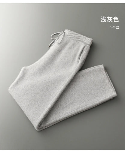 4PINK Thickened 100% Pure Cashmere Pants Men High Waist Knitted Wide Leg Pants Solid Color Lace Up Straight Pants Elastic Waist.