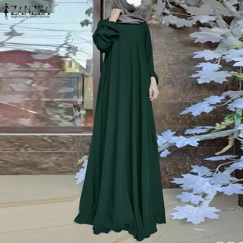 ZANZEA Muslim Women Summer Abaya Sundress Solid Islamic Clothing Marocain Vestido Robe Femme Fashion Long Sleeve Kaftan Dress.