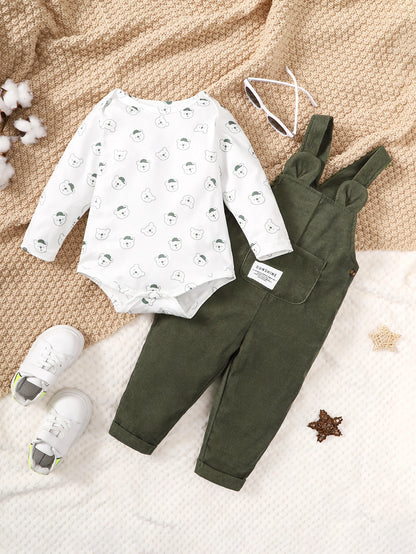 3-24 Monate Baby niedlichen kleinen Bären bedruckte Kleidung Set weiß lang ärmel ige Top grüne Riemen Hose Herbst Set für Kleinkind Mädchen.