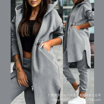 Autumn Winter New Women's Hooded Jacket Trousers Suit Casual Everyday Joker Two-Piece Set.