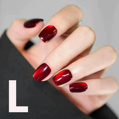 10PCS S/M/L red cat eye short square fake nailsart set with removable fake nails for festivals.