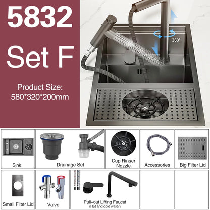 ASRAS Nano Black Small Size Kitchen Sink Cup Washer Hidden Bar Counter Cover Concealed Single Bowl Sinks With Lifting Faucet