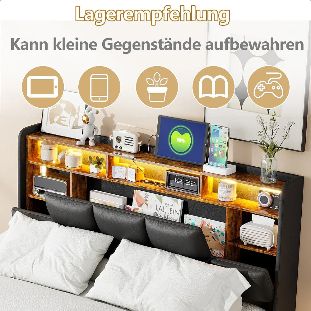 Lazyspace PU-Doppelbett, LED-Beleuchtung und hydraulischem Bettrahmen mit Stauraum, Wohnmöbel-Polsterbett, 140/160 x 200 cm