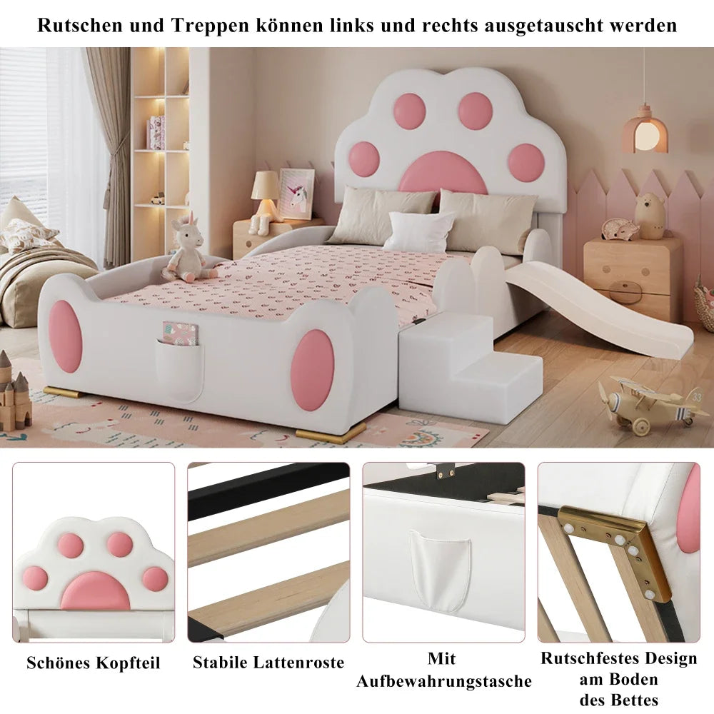 Cartoon süßes rosa Prinzessinnenbett, gepolstertes Bett, 90 x 200 cm, mit Kinderrutsche und zweistufiger Leiter, für Mädchenschlafzimmer