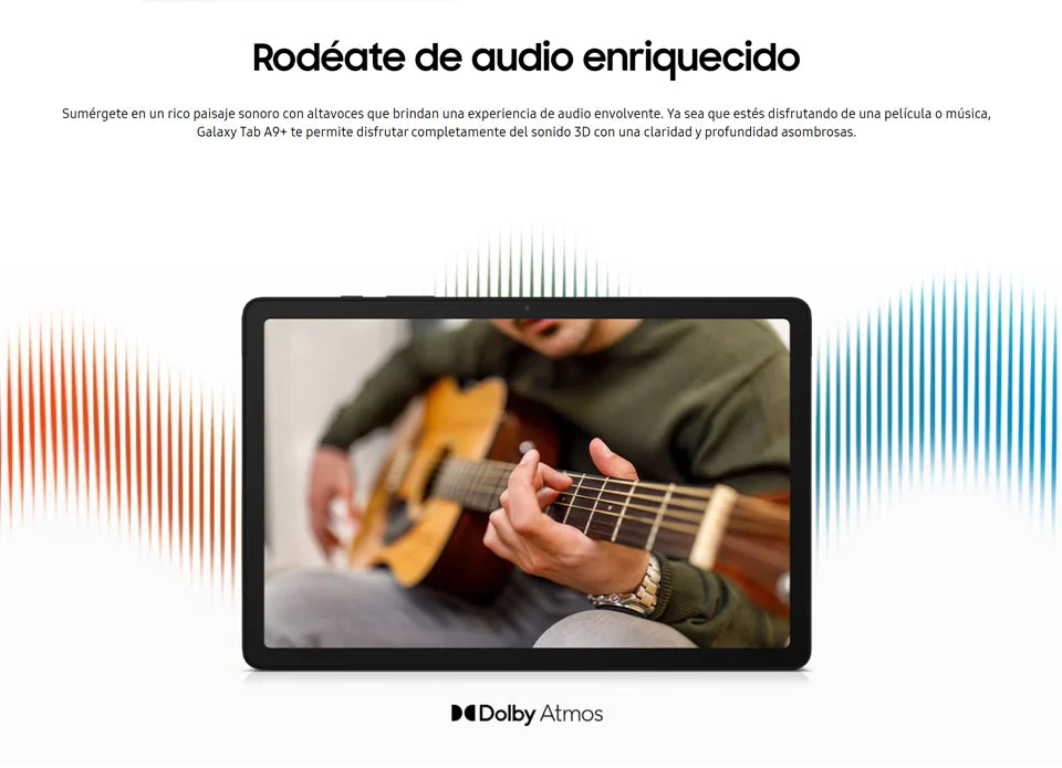 Samsung Galaxy Tab A9+ WI-FI, Tablet, Octa-Core, 8 MP Camera, 11 in, 7040 mAh battery.