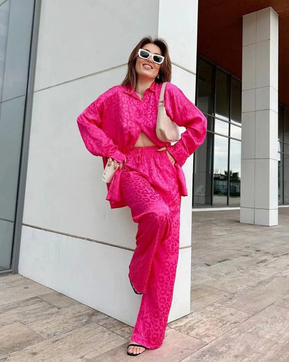 2024 Autumn White Satin Wide Leg Trousers Suit For Women Office Leopard Print Two-Piece Set Home Tracksuit Female Pajamas Sets.
