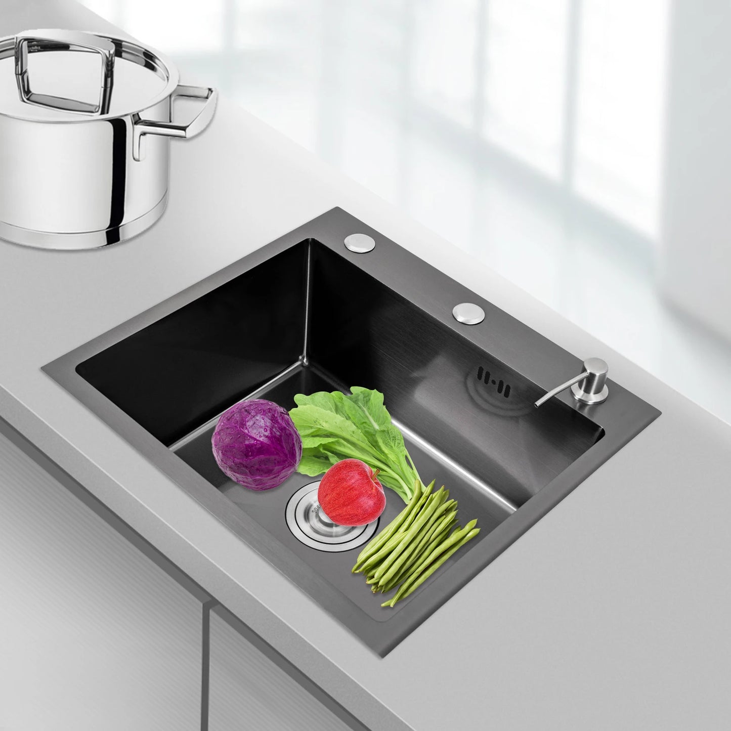 Küchenspüle aus Edelstahl mit integrierter Einzelschüssel, mit Rohr und Seifenspender